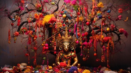 A sacred tree adorned with colorful threads and trinkets in Hanuman's honor.