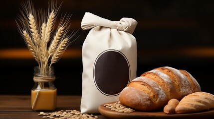 Flour packaging, neutral background with baked bread and ears of wheat, banner. Concept: mockup packaging template with copy space.