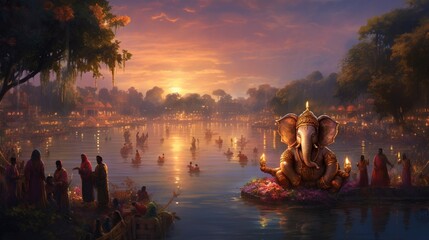 A scenic riverbank bathed in the soft glow of twilight, with a Ganesh procession making its way along the water's edge. - obrazy, fototapety, plakaty