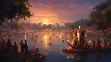 Fototapeten A scenic riverbank bathed in the soft glow of twilight, with a Ganesh procession making its way along the water's edge. © Mustafa_Art