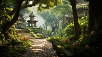 A secluded garden path leading to a Krishna temple, surrounded by lush greenery and chirping birds. - obrazy, fototapety, plakaty
