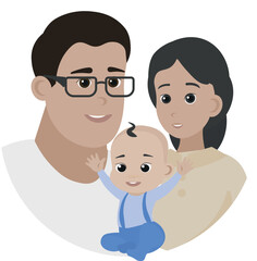 Happy family. Parents with baby son. Asian. vector illustration. Flat design. 
