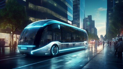 A self-driving bus transporting passengers safely and efficiently through the city. - obrazy, fototapety, plakaty