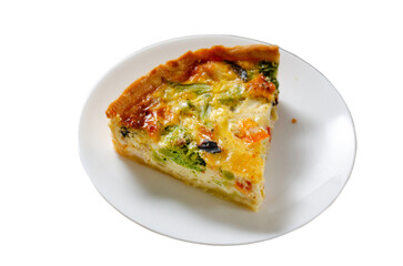 Quiche with Vegetables, Homemade Open Pie, Savory Tart on White Background Isolated