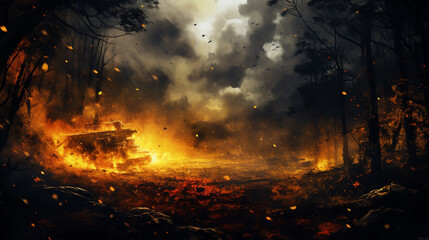 Tanks attack in a dark forest. Military conflict - obrazy, fototapety, plakaty