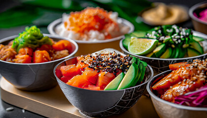 poke bowl with salmon, avocado and colorful vegetables and fruits, close up shot - obrazy, fototapety, plakaty
