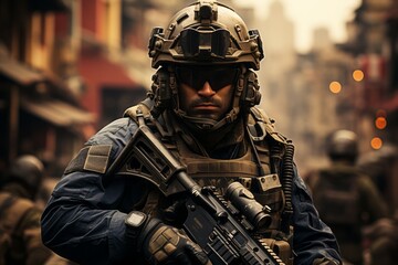 special forces soldier acts on a mission - obrazy, fototapety, plakaty