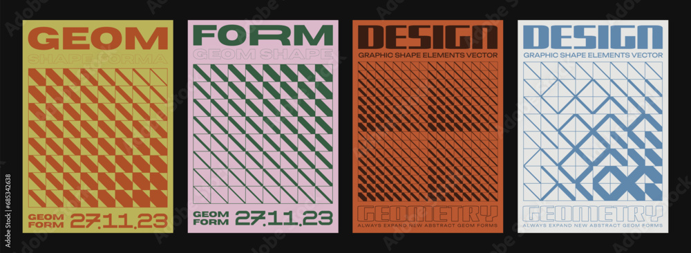 Poster set of halftone geometric textures vector design. collection of modern abstract futuristic brutalist