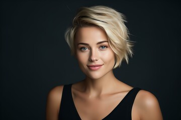 A Beautiful woman with short blonde hair, smiling at the camera, portrait