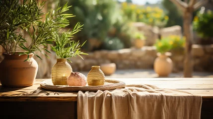 Fototapeten Fresh olives in salad bowls on wooden table under branches of olive tree.. © alexkich