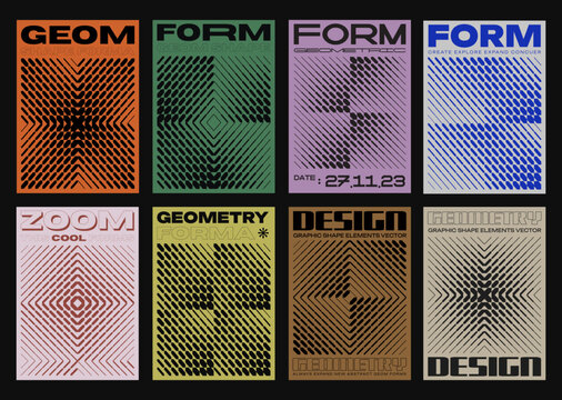 Set Of Halftone Geometric Textures Vector Design. Collection of Modern Abstract Futuristic Brutalist Posters.