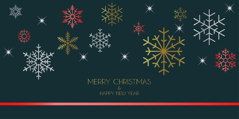 Gold, Silver & Red Seamless Snowflake Poster Pattern Isolated On Winter Green Background