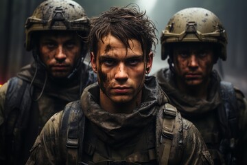 Tired and dirty soldiers leave a mission or surrender