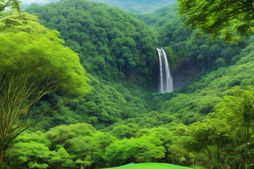 Beautiful waterfall deep in a forest amongst lush green trees and vegetation 