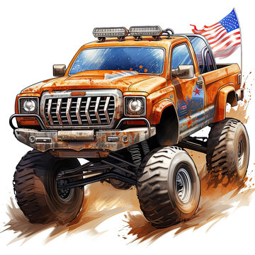 Watercolor monster truck jumping with american, Generative Ai