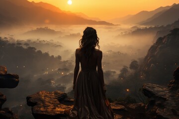 View of a girl from the back standing in the evening nature. Fog, mountains or village