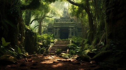 A serene, lush forest with a hidden shrine dedicated to Hanuman. - obrazy, fototapety, plakaty