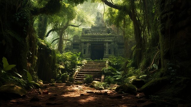 A serene, lush forest with a hidden shrine dedicated to Hanuman.