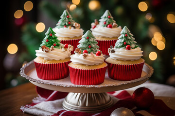A tiered tray of Christmas-themed cupcakes, each topped with festive decorations