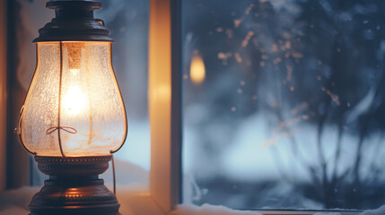 Cozy lanterns on a windowsill, with winter landscape seen through the window.