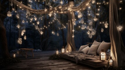 A serene outdoor setting with New Year's decorations hanging from the trees, creating a dreamy atmosphere under the stars.
