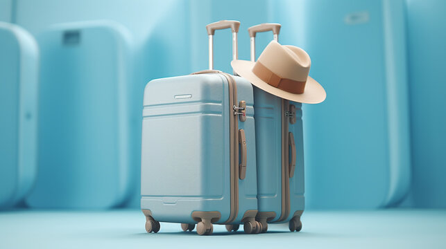 blue colorful travel bag with handle and straw hat isolated on blue