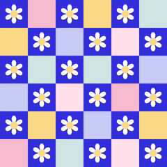 Y2k seamless pattern with daisies and chess. Vector background in trendy modern retro trippy 2000s style. Blue, lilac, pink and green color. Funny retro cute texture for surface design.