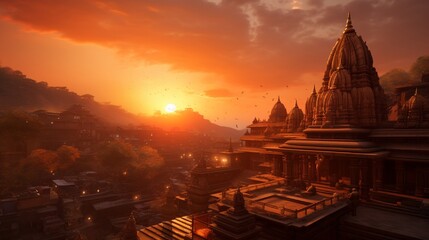 Naklejka premium A serene sunrise over a Hanuman temple, casting a warm orange hue.