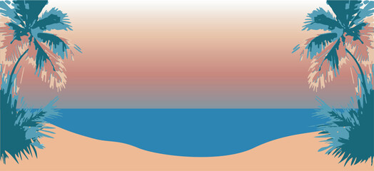 Beach with two coconut trees, sea and gradient sky. Dark time, twilight. Vector illustration.