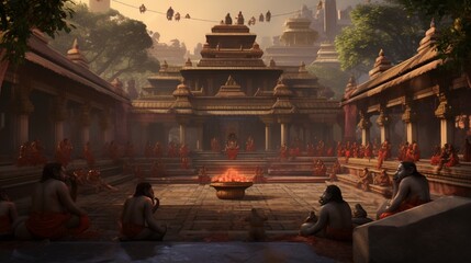 A serene temple courtyard with devotees offering prayers to Hanuman.