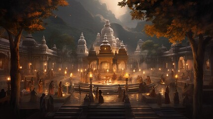 A serene temple courtyard with devotees gathered for an evening aarti, bathed in soft candlelight.
