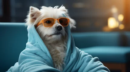 Fototapeten Funny dog photograpy cute spa Day laying bed relax beauty mask © alexkich