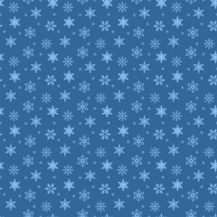 Christmas seamless pattern with light blue snowflakes on a blue background. Vector illustration. For wrapping paper, cards, holiday decor, fabric.
