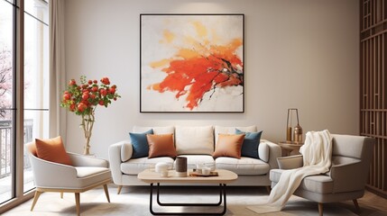 A small living room space with a single, striking piece of wall art, enhancing the room's charm.