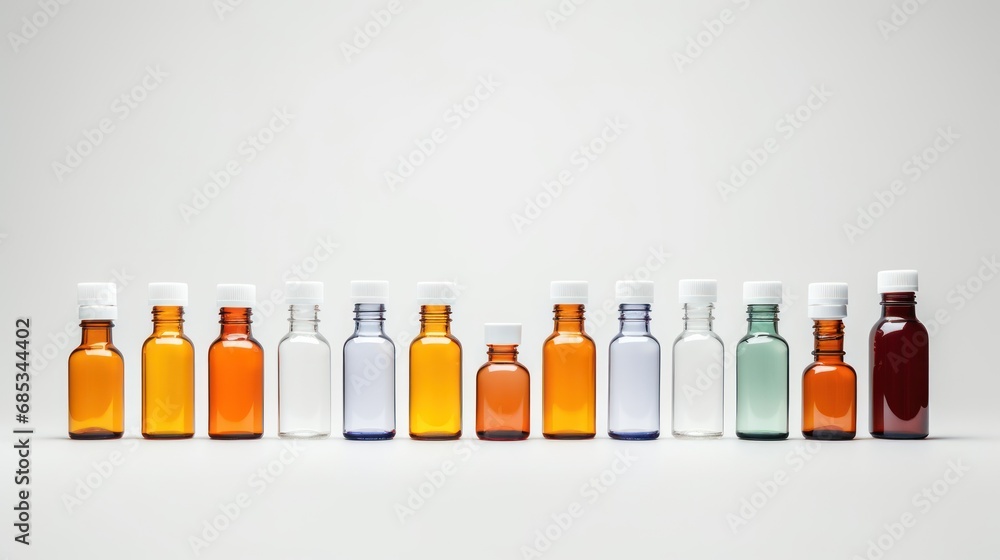 Poster a row of bottles with different colored liquids in them on a white surface with a white wall in the 