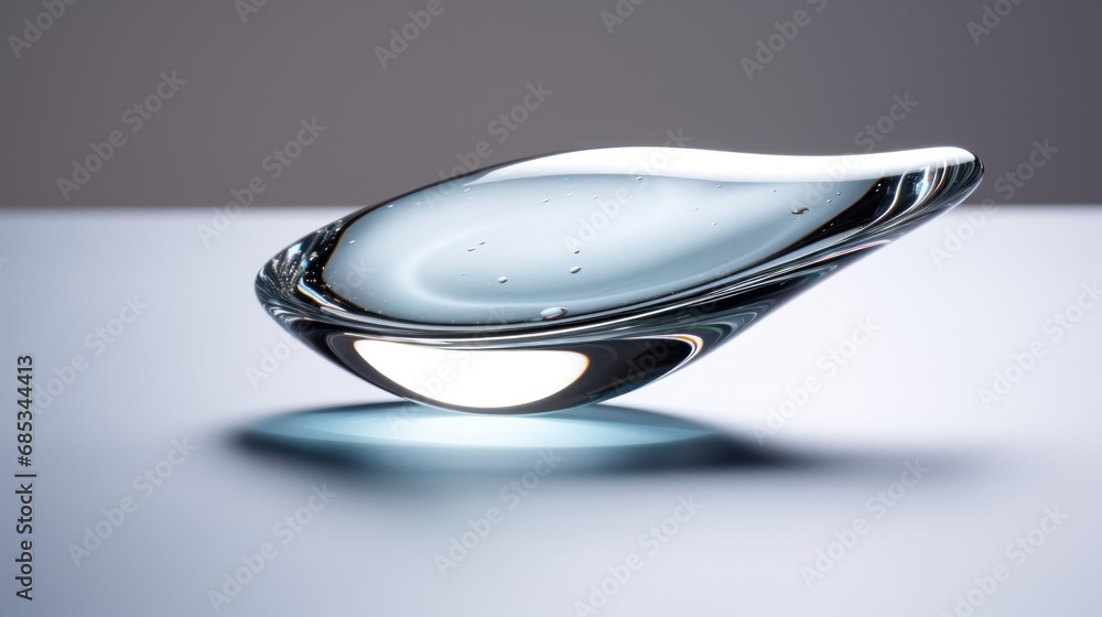 Poster a close up of a glass object on a table with a light shining in the middle of the glass and the refl