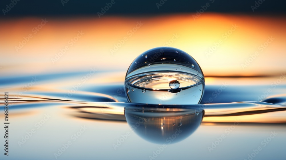 Poster a close up of a water drop with the sun setting in the background and a reflection of the water on t