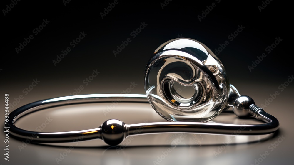 Poster a stethoscope laying on top of a metal object on a black surface with a light reflecting on it.