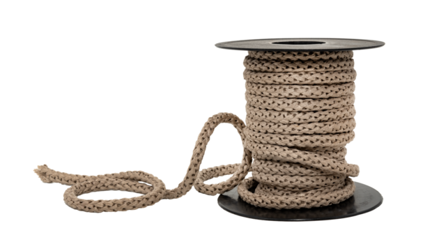 Jute rope is wound on a plastic spool on a white background. Rope isolate. Spool