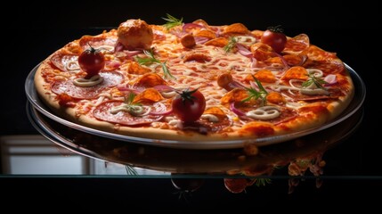  a pizza sitting on top of a pan covered in cheese and veggies on top of a glass table.