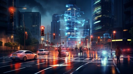 Fototapeta na wymiar A smart city's traffic lights adjusting in real-time to optimize the flow of vehicles.