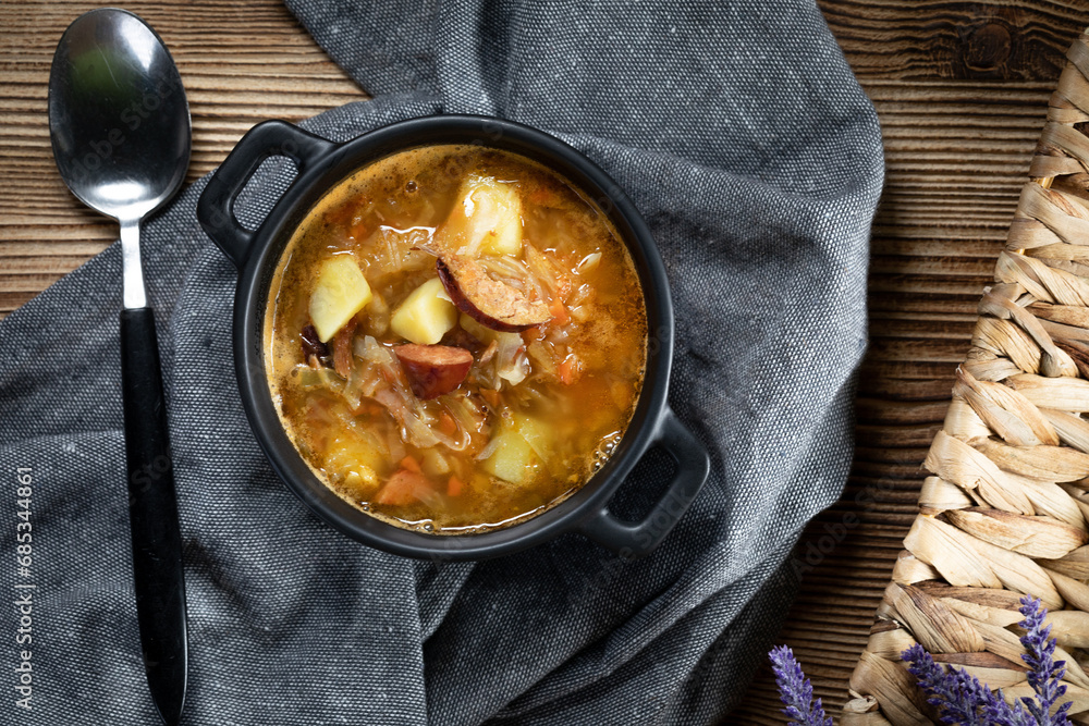 Poster traditional russian sour cabbage soup