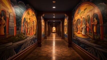A softly lit hallway with Krishna's divine stories depicted through stunning, hand-painted murals.