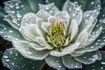 droplets on a flower, A succulent Rock rose closeup, its delicate petals glistening with morning dew