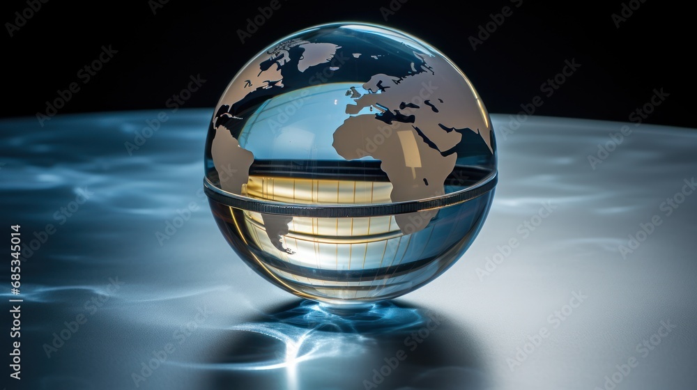 Poster a glass globe with a reflection of the earth on the surface of a shiny surface with a reflection of 