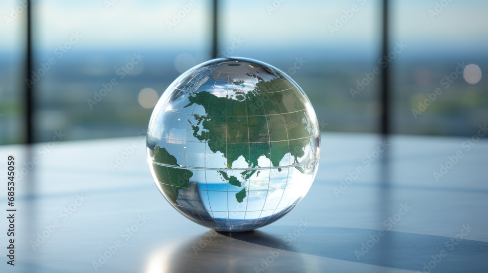 Poster a glass globe sitting on top of a table in front of a window with a view of the city below.
