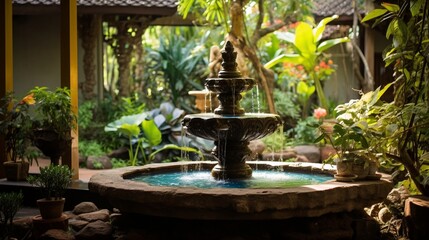 A soothing water fountain in a corner of a Krishna-themed garden, creating an ambiance of serenity and calm.
