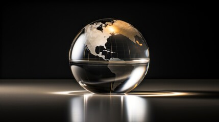  a glass globe sitting on top of a table next to a black background with a light reflecting off of it.