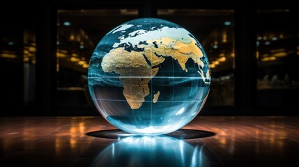  a glass globe with a map of the world on it on a wooden floor in front of a glass building.