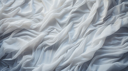Crumpled white bed blanket. Flat lay style. Home textiles. Comfort concept - obrazy, fototapety, plakaty